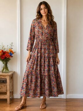 M6 | Boho Midi Dress Cotton Tiered Waist Tie Pockets Beaded Sequin Detail
